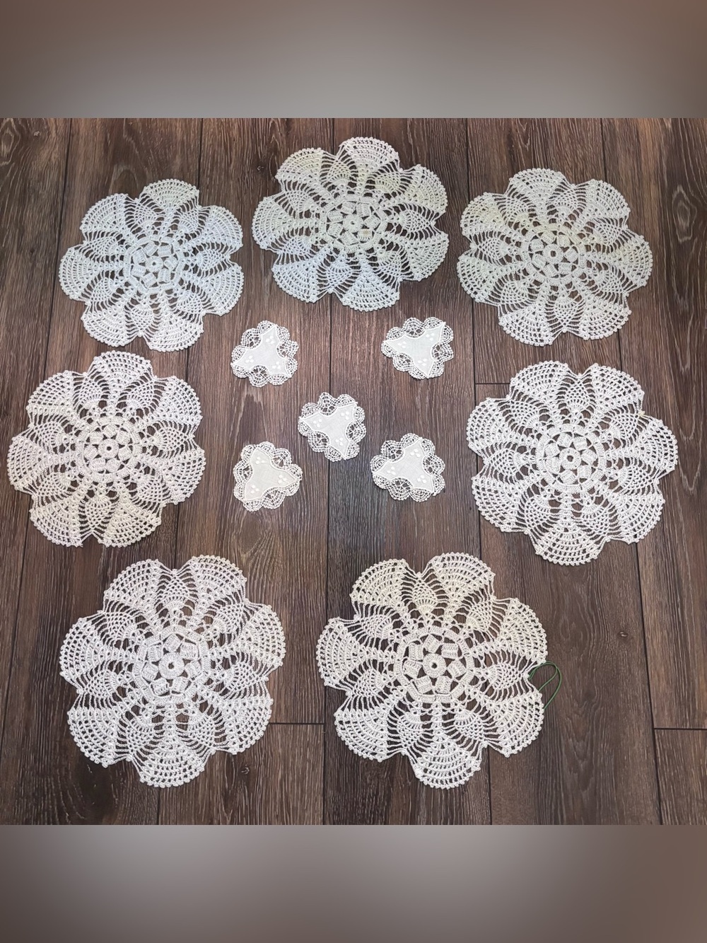 White cotton crochet lace doilies arranged floral and scalloped pattern Set 12